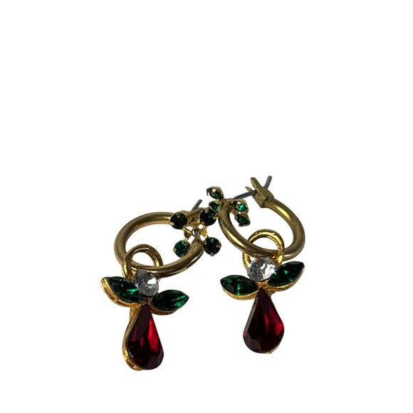 Goldtone Hoop Earrings With Red Green Rhinestone Angel Charms 1.25 inch - Picture 1 of 3